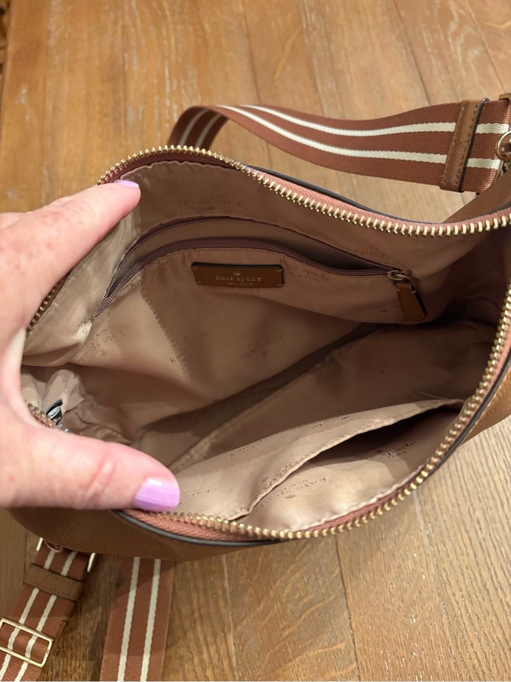 Kate Spade Tan Pebbled Leather Crossbody Bag with long adjustable striped strap - Picture 10 of 11